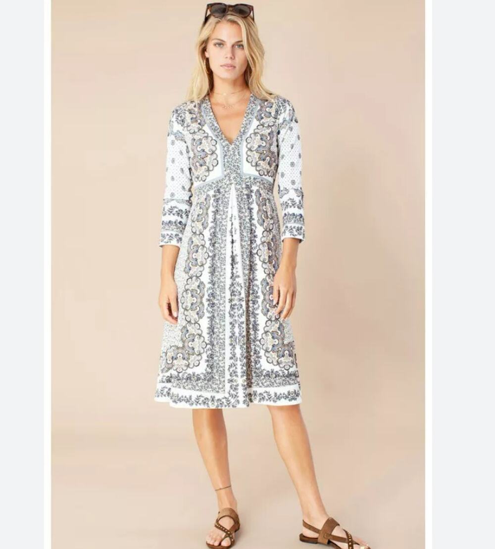 New Hale Bob Joss Jersey Dress Cream Gray Midi Women's Size XS